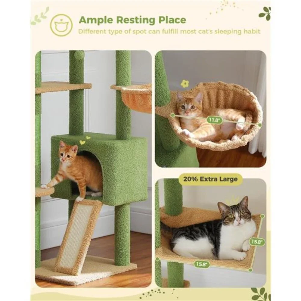 Cat Tree Tower Adjustable with Cat Condo Cat Hammock and Scratching Post, Green